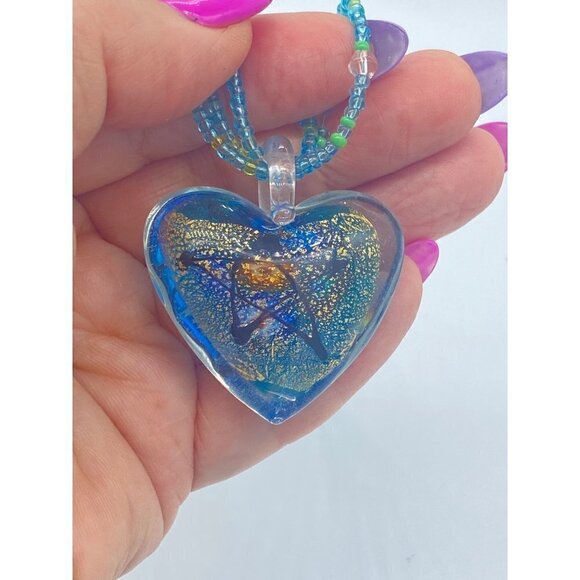 Glass Blown Blue Heart with Gold Star Art Multi-strand Beaded Glass Necklace - Picture 4 of 12